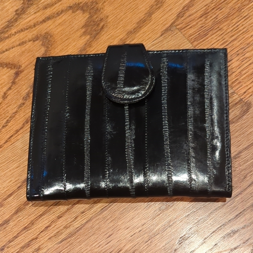 Vintage 80s Black Eel Skin Wallet Exotic Leather